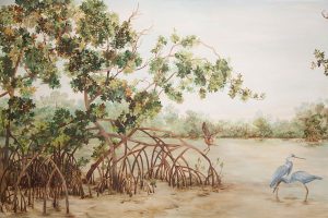 Arte realista que representa um manguezal com árvores de múltiplas raízes e pássaros.
